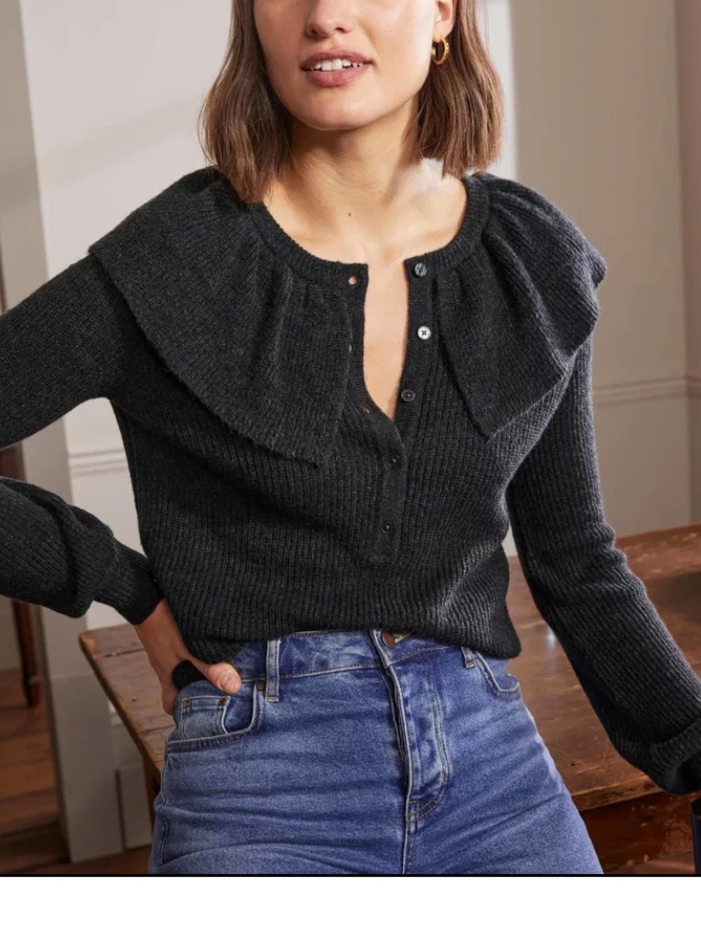 Boden Charcoal Frilly Collar Ribbed Knit Henley Sweater, size 4